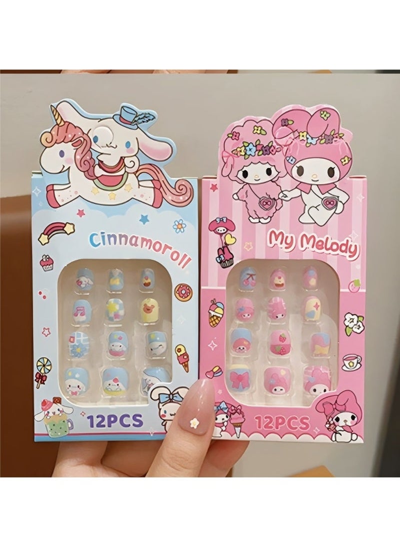 12pcs Cinnamoroll الصحافة على الأظافر للأطفال ، نصائح الأظافر الكاذبة الكرتون لطيف مع أداة مانيكير ، مجموعة تصحيح الأظافر DIY القابلة للإزالة للبنات - Image 5